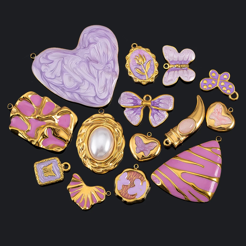 Stainless Steel Pendant Series Pink  Purple Cute Pendant Multiple Choice Earring Components DIY Necklace Jewelry Accessories