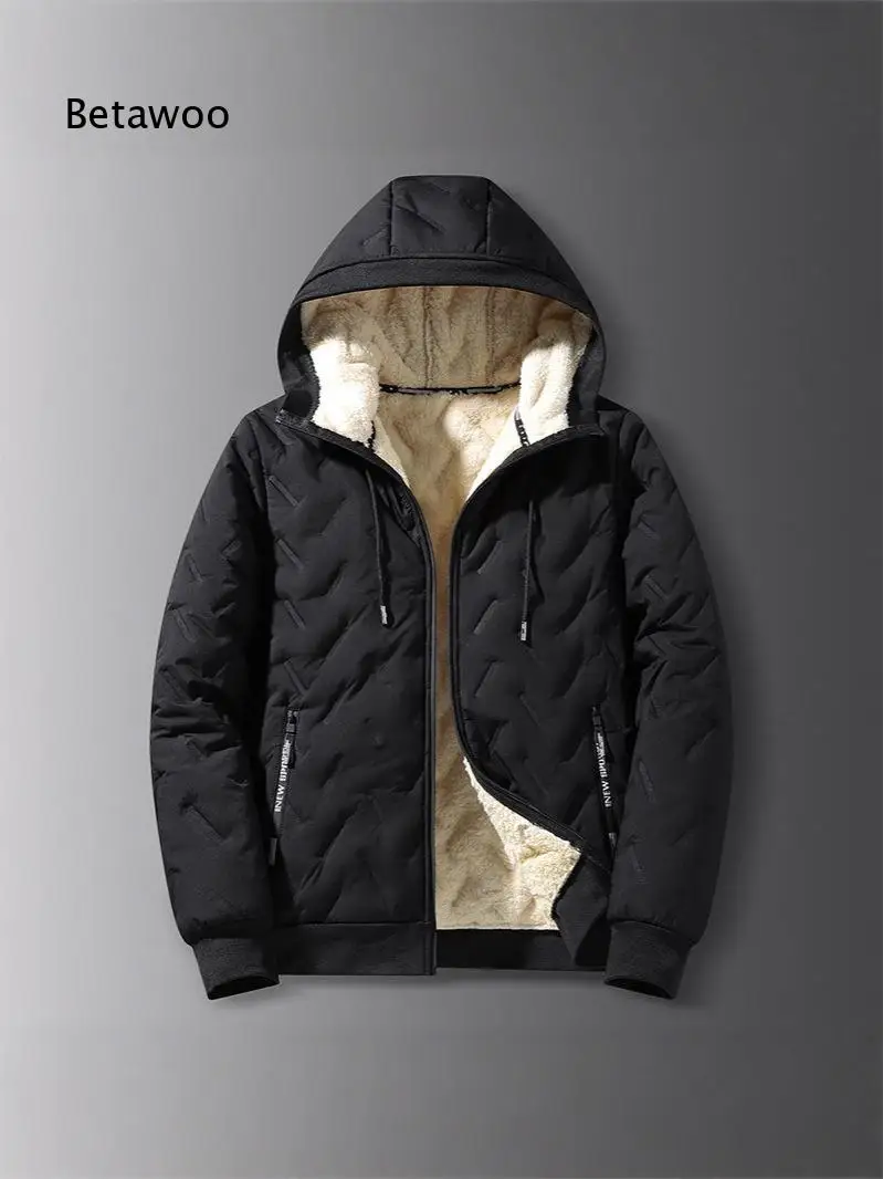 Casual Hooded Fleece Lined Jacket For Men Full Zip Geometric Stitched Drawstring Hood Zipper Pockets Loose Warm Outer Coat