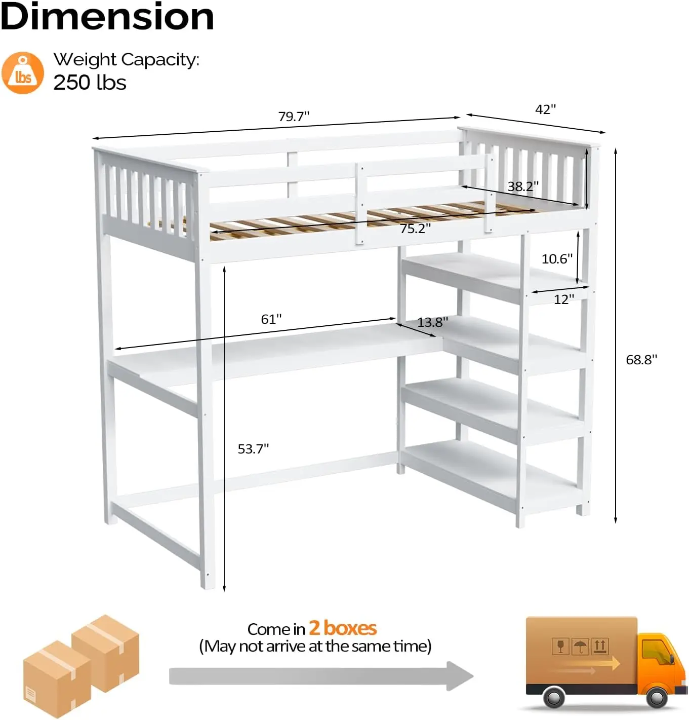 Twin-Size-Hochbett mit Schreibtisch, Bücherregal und 4-stufigen Ablageflächen für Kinder und Erwachsene