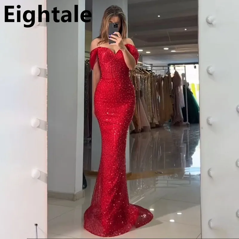 

Eightale 2023 Glitter Red Mermaid Off Shoulder Evening Dresses Sparkle Sequin Prom Dresses Dubai Formal Party Gown Customized