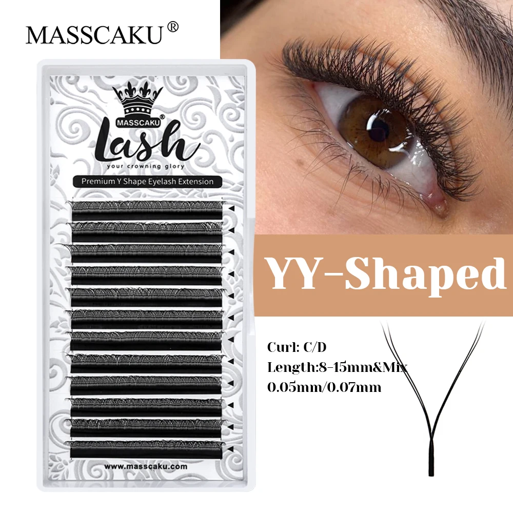 12 Rows MASSCAKU Individual Long-lasting Triple Tips Y Shape Eyelash 8-15mm Mix Size Soft Multi-texture YY Design Lash in Stock