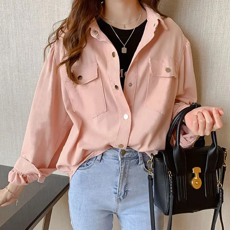 Women\'s Autumn Fashion Simplicity Solid Color Polo Collar Long Sleeve Shirts Women Clothes Casual Elegant All-match Loose Tops