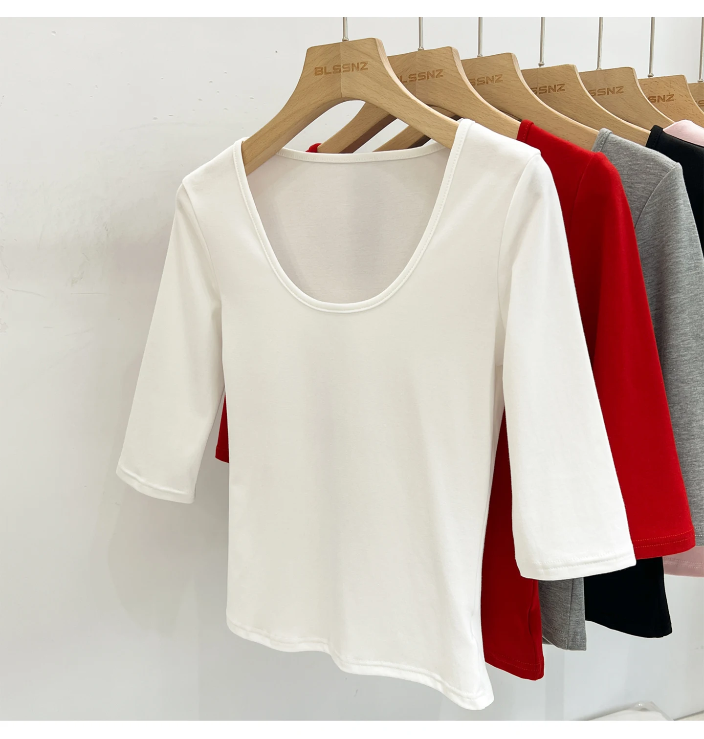 Zjaiss Women's White Base Top 2026 New U-Neck Three-Quarter Sleeve Tee for Spring & Summer Solid Versatile Casual Simple T-Shirt
