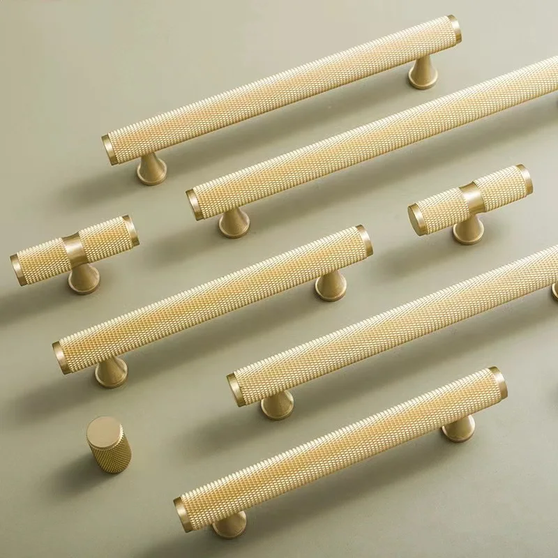 Solid Brass Knurled Diamond Cut Pattern New Cabinet Knobs Wardrobe Door Drawer T-bar Long Pull Free Base Matt Brass Black