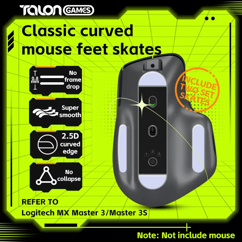 2 set TALONGAMES sepatu roda Mouse kaki Mouse abu-abu terang kustom tepi melengkung untuk Logitech MX Master 3 / 3S pengganti kaki Mouse