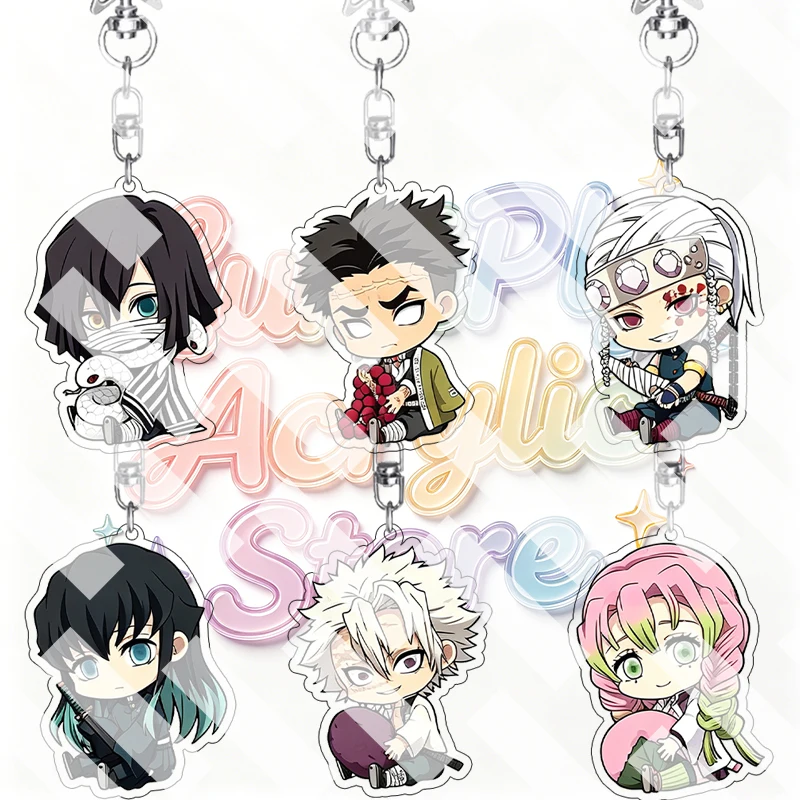 Q Version Muichiro Tokito Gyomei Himejima Tengen Uzui Demon Slayer Acrylic Keychain Anime Character Backpack DIY Star Pendant