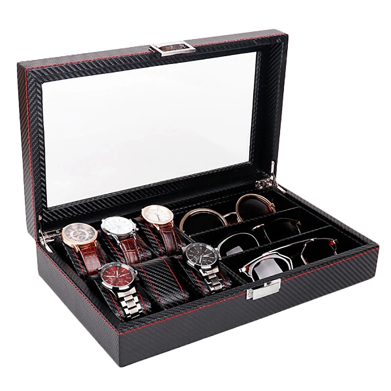 Watch Jewellery Display Storage Box Leather Sunglass Organizer Case Holder For 6 Watches And 3 Eyeglasses