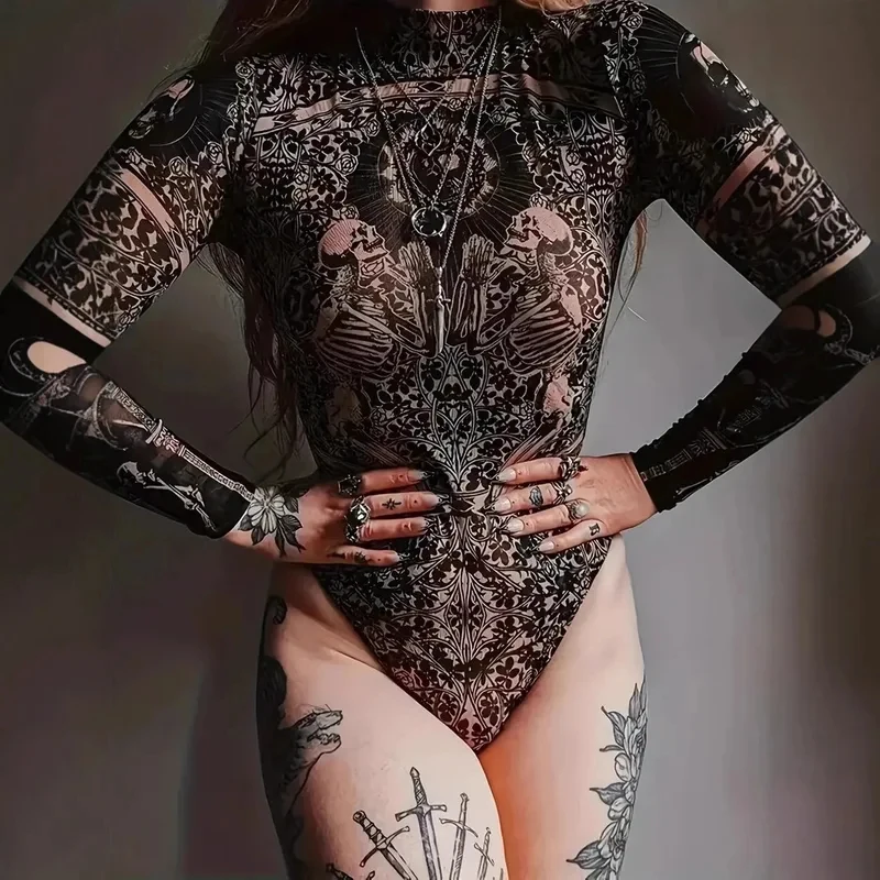 XS-3XL Summer Beach Long Sleeve Sunscreen Bathing Swim Wear Tight Jumpsuit Cosplay Black Print Sexy Women Swimsuit Bodysuit CanC view 4