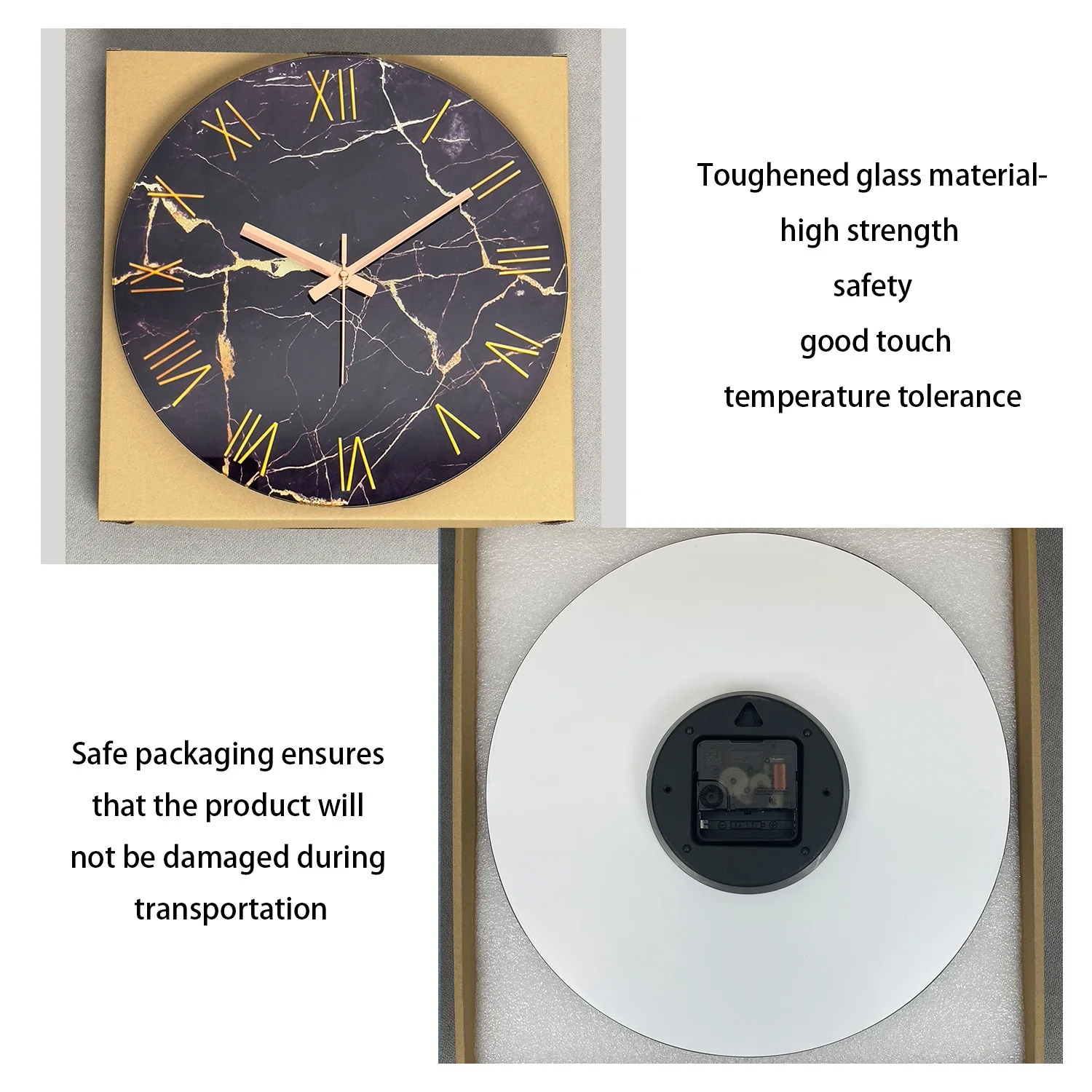 1pc 12 inch tempered glass wall clock, modern simple black marble texture gold Roman numerals design wall clock, home mute clock