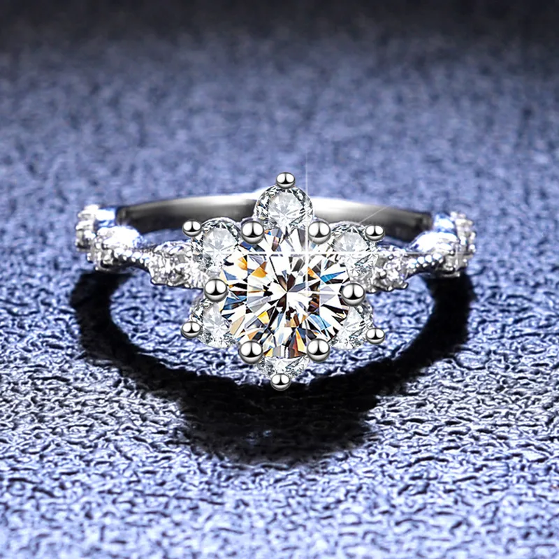 S925 Rhodium Plated Silver 1/3/5CT D Color Moissanite Six Prong Sunflower Engagement Ring for Women, Exquisite Jewelry
