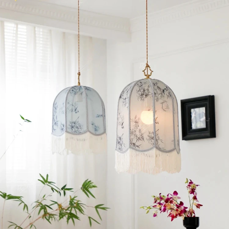 Chinese Classical Lantern Tassels Pendant Light Led Print Fabric Art Hanging Lamp Living Room