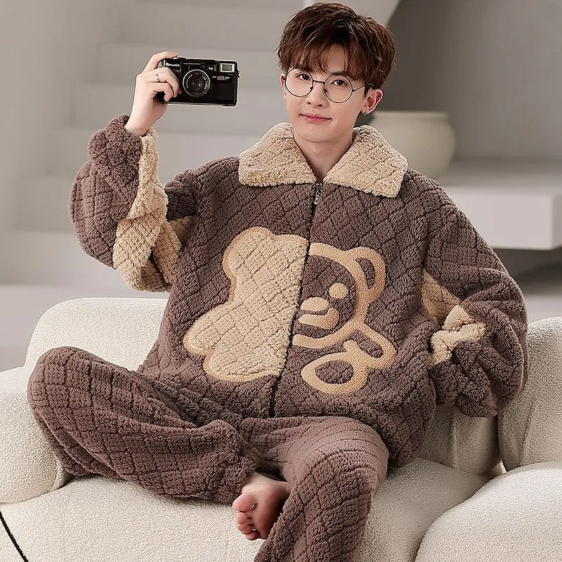 

2024 New Men's Coral Velvet Pajamas Cartoon Handsome Plush Thickened Sleepwear Warm Flannel Loungewear Oversized Homewear Set