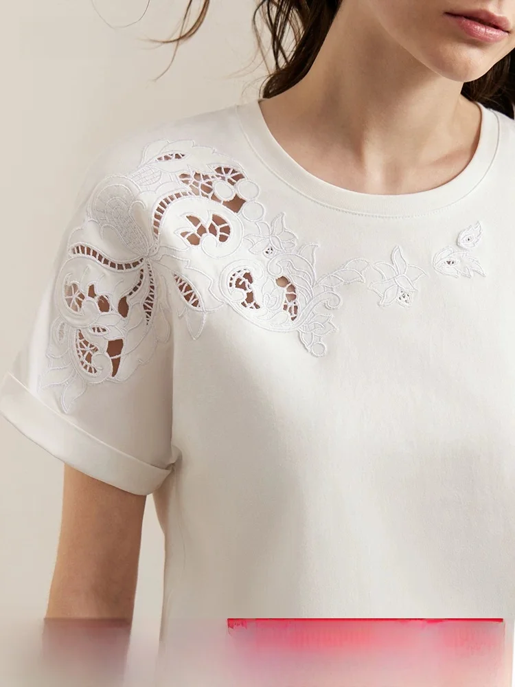 

Casual Loose Short Sleeve round Neck Embroidered T-Shirt Women Summer New Style Pure Color Shoulder Stitching Hollow out...