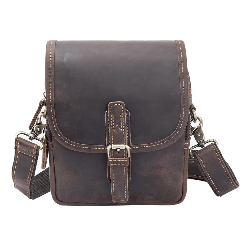 Leather men's bag - vertical style with flap - top-grain cowhide and nubuck leather - crossbody - single shoulder bag - retro sm