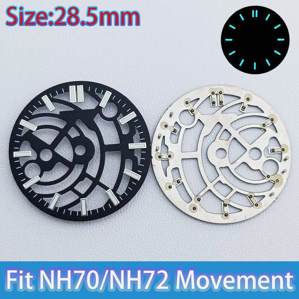 28.5mm NH70 Hollow skeleton dial Black blue dial blue luminous suitable for NH70 NH72 movement watch parts for men