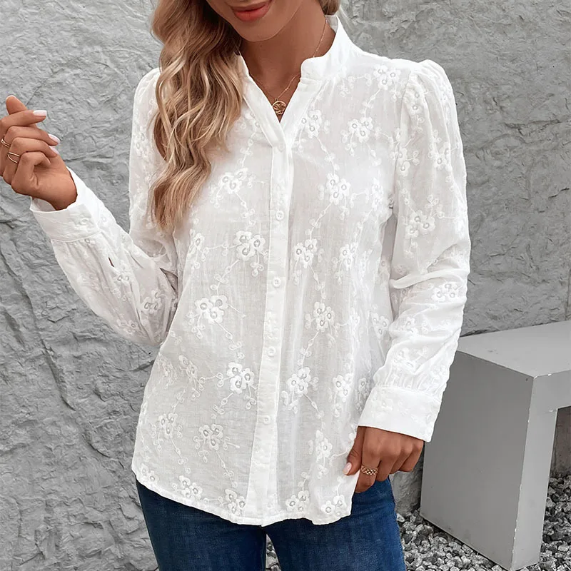 2026 Women's Long Sleeved Top Cardigan Shirt Commuting Hollow Lace Jacquard Shirt