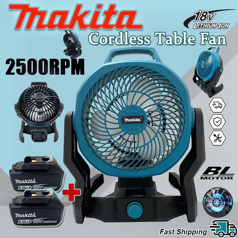 

Makita Portable Camping Fan Cordless Table Fan Multi Purpose Adjustable Head 3 Speed Setting Powered Desktop Floor Fan