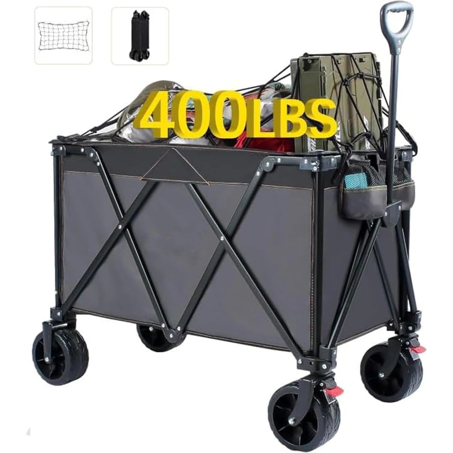 2025 New 280L Collapsible Foldable Wagon Cart, 400LBS Capacity Extended Height Wagon with Brakes Cargo Net