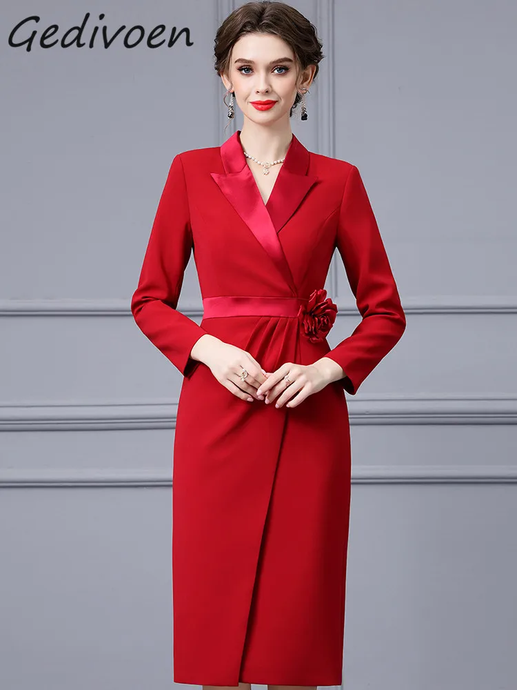 

Gedivoen Autumn Fashion Designer Red Vintage Suit Dress Women's Lapel Appliques High Waist Package Buttocks Slit Slim Long Dress