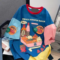 Harajuku Sweet Cartoon Print O-neck T-shirts Y2k E-Girl Patchwork Short Sleeve Tee Shirt Summer New Loose Tops Women Japanese