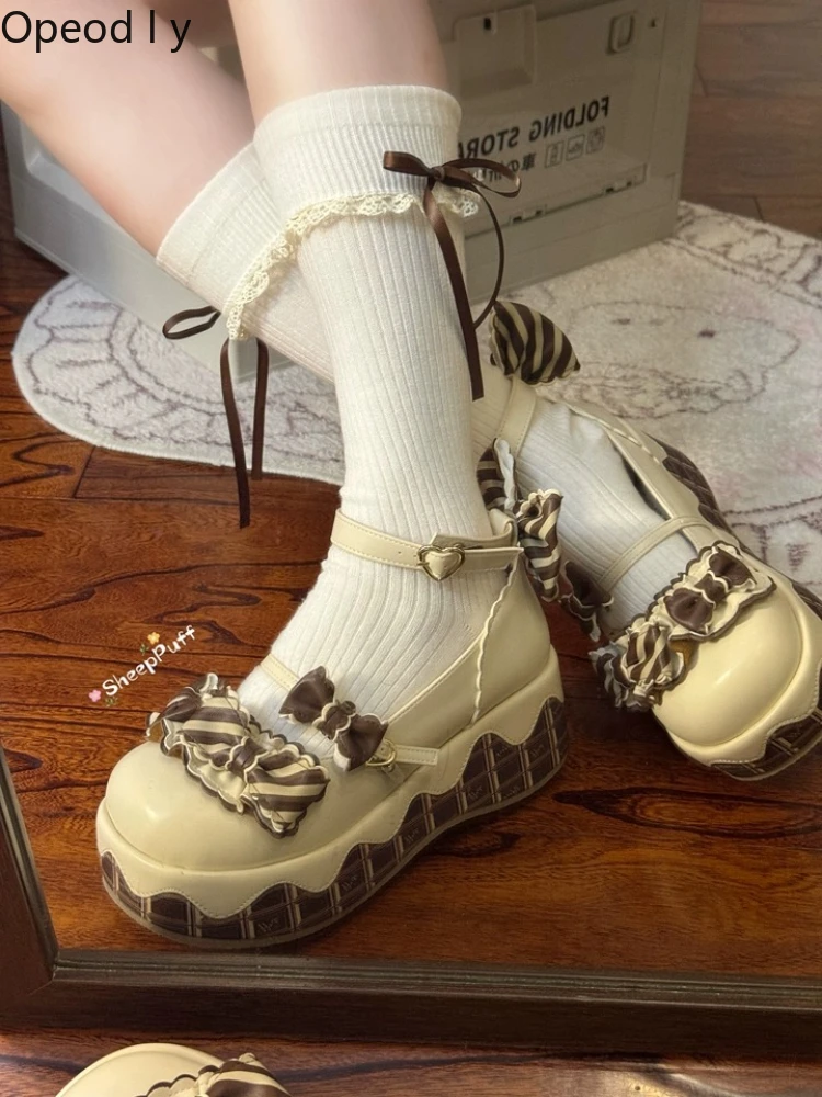 

Japanese Original Elegant Retro Lolita Platform Muffin Shoes Chocolate Bow Round Head Shallow Mouth Mary Jane Women's Shoes