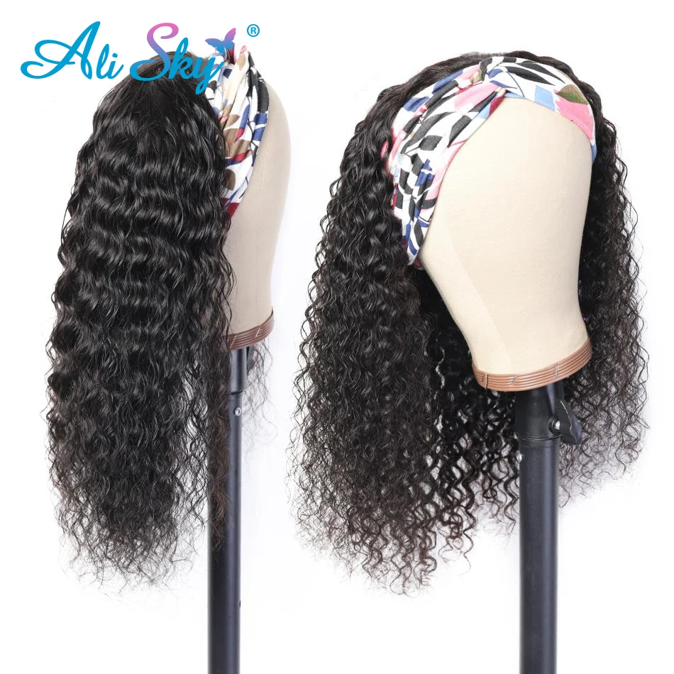 

Mongolian Kinky Curly Hair Headband Wig Scarf Remy Human Hair Wigs for Women Full Machine Made Wig With Head band Attached Black