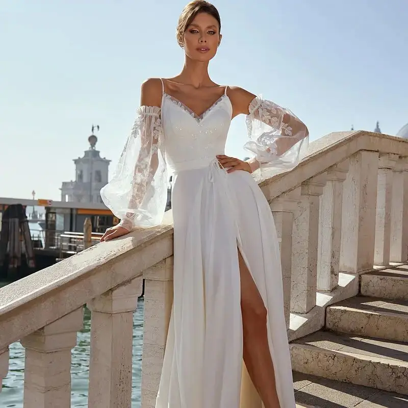 Bohemian Wedding Dress Side Slit Chiffon lace Appliques Bridal Gowns Spaghetti Strao Floor Length Beach Cheap Robe De Mariee