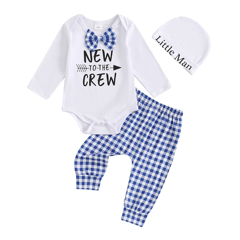 

Newborn Baby Boy 3Pcs Spring Fall Outfit Set Long Sleeve New to the Crew Romper Check Trouser Little Man Hat Clothes