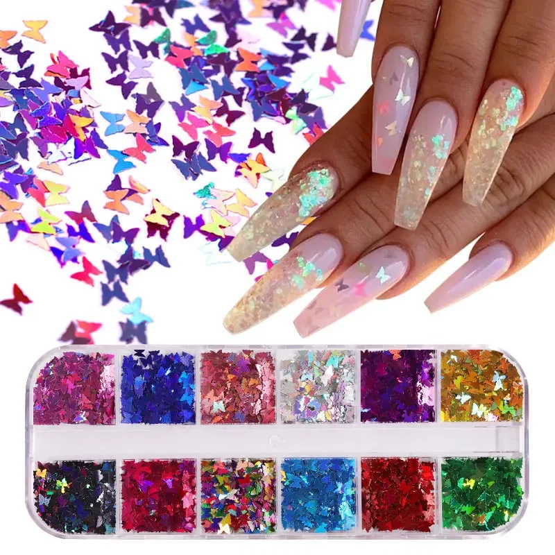 1ชุด12สีผีเสื้อ Holographic เล็บ Glitter Sequins 3D Love ตกแต่งสติกเกอร์เล็บ DIY อุปกรณ์ตกแต่ง