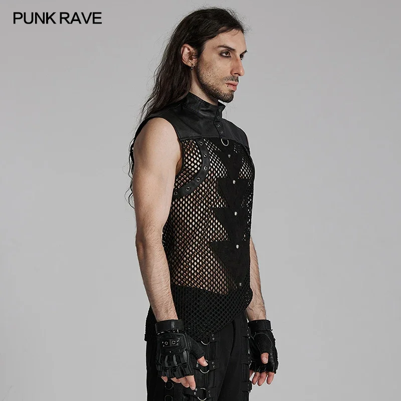 PUNK RAVE Men's Punk Personalized T-shirt Triangular Pieces Splicing Design Streetwear Black Tops Cool Vest Men Clothing