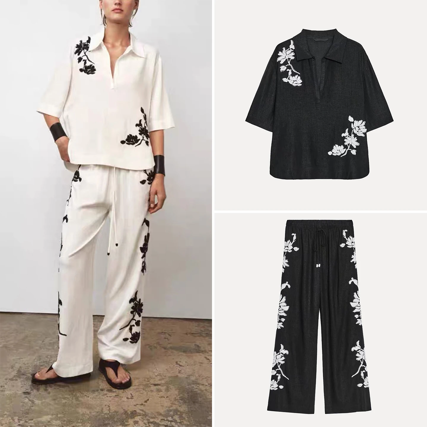 

2025 Autumn New Arrival Women's Embroidered Flower irt And Long Pants Faion Set Polyester Fiber ort Sve V-Ne