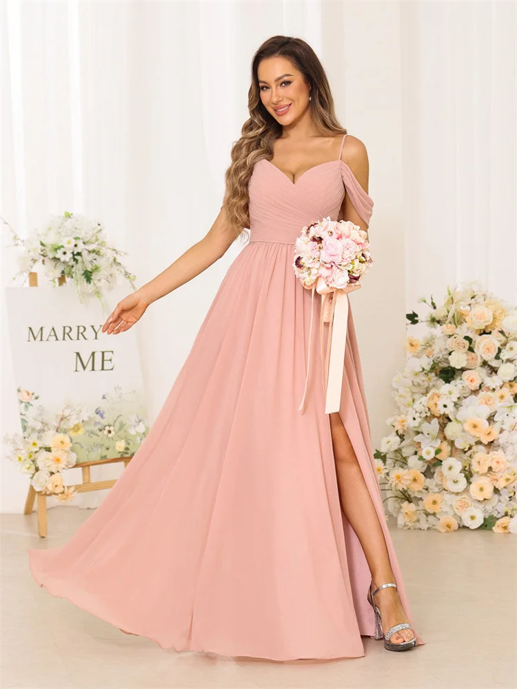 

Hot Selling Off Shoulder Neckline Sleeveless Chiffon A-Line Bridesmaid Dress Floor Length Side Slit Gown For Wedding Guest 2024