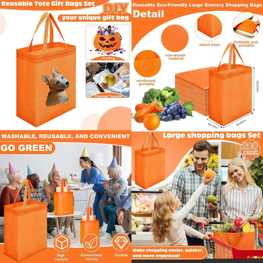 

Набор из 200 многоразовых сумок-тоутов, 8 x 4 x 10 дюймов, нетканые сумки для покупок с ручками, идеально подходят для Рождества, продуктов и подарков (Оранжевый)