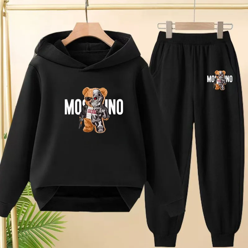 Children's Sportswear Set - Cartoon Mosso Bear Clothing, Including a Hooded Top and Pants, Suitable for Boys and Girls Aged3to13