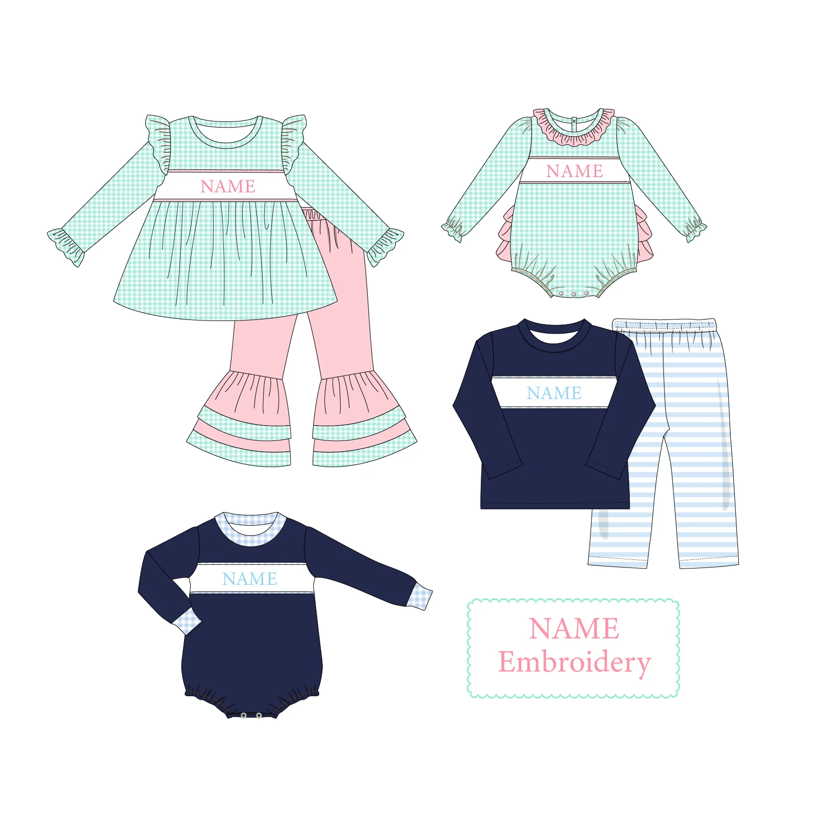 Ropa Girl And Baby Boy New Cotton Customizable Name Styles Presale Models Green Lattice Romper Sets Pink Pleated Skirt Clothes