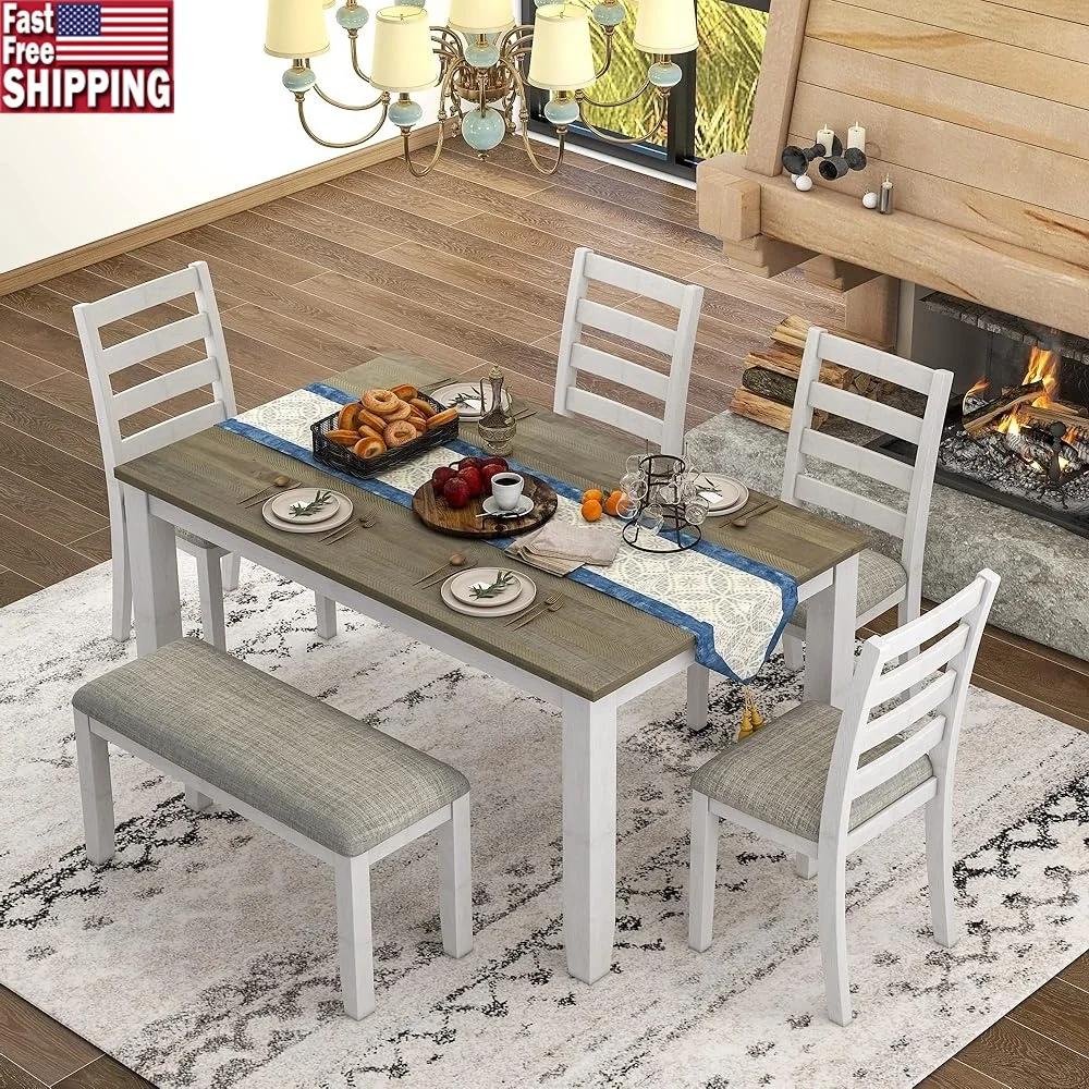 

Rustic 6-Piece Dining Set with Solid Wood Table 4 Upholstered Chairs Rubber Wood Bench Durable Stylish Furniture