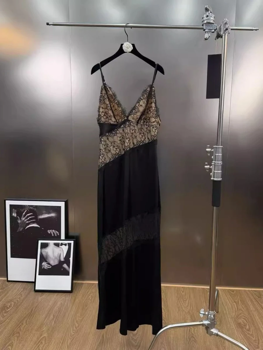 CHICEVER 솔리드 스플라이스 레이스 섹시 드레스 여성용 브이넥 민소매 슬림핏 아메리칸 레트로 여성 드레스 여름 패션 스타일 신상