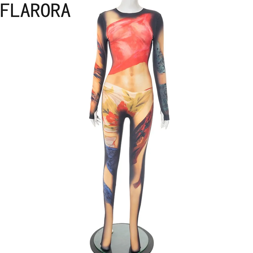 FLARORA винтажные облегающие комбинезоны с ярким принтом, женские цельные комбинезоны с круглым вырезом и длинными рукавами, сексуальная клубная одежда для полуночной вечеринки