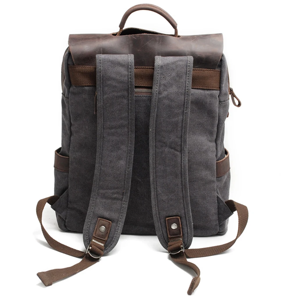 Durable Canvas Backpack Genuine Leather Travel Hiking Daypack with Multiple Compartments for School