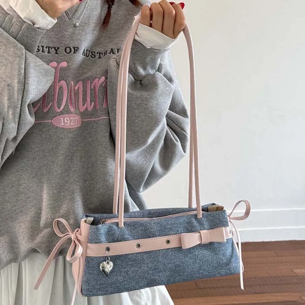 

Portable Sweet French Stick Handbag Contrast Color Ribbon Bow PU Shoulder Bag Waterproof Korean Style Denim Underarm Bags Daily