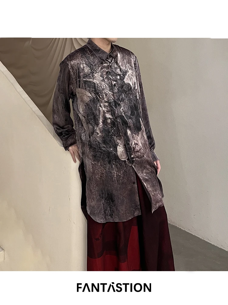FANTASTION Original design vintage oil painting asymmetric Silk shirts oversized long unisex loose Casual shirts comfortable
