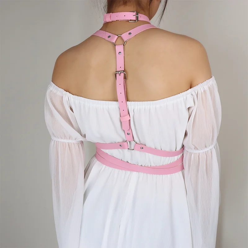 2PCS Pink Sets Girl\'s Kawaii Neck Tie And Harness Corset Suspenders for Women Gothic Fetish Clothing Harness Women Accessories