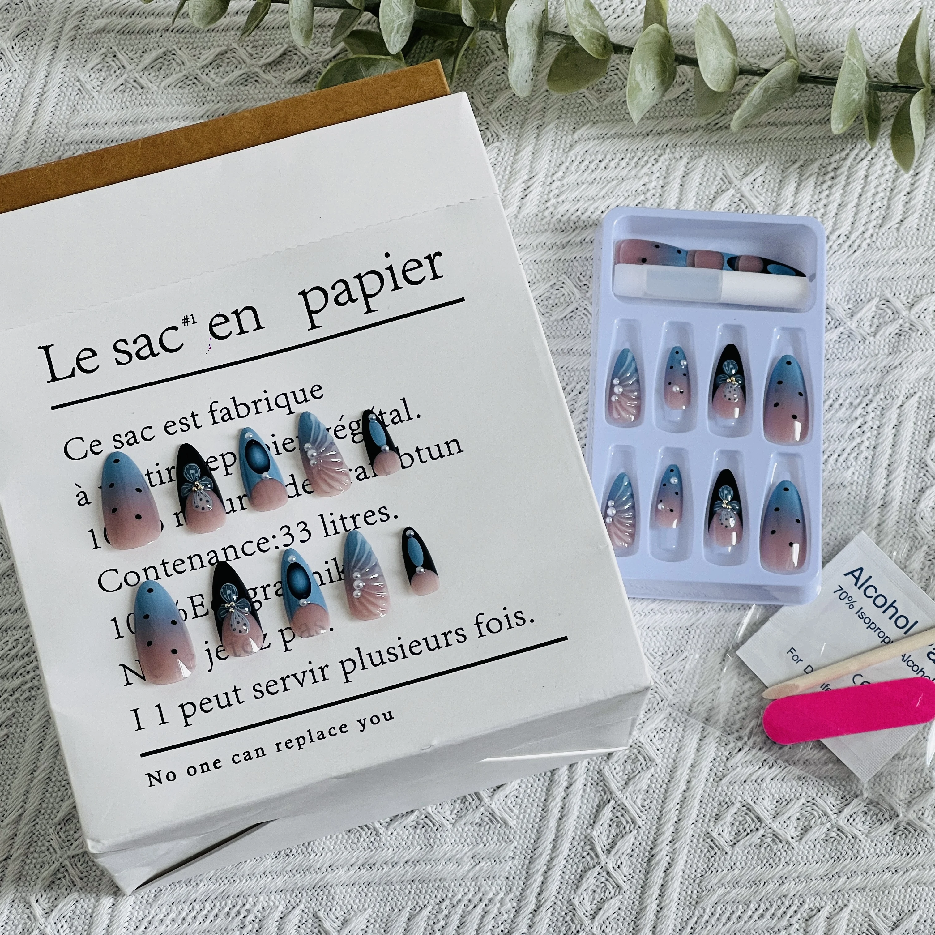 24 قطعة من أظافر الضغط على طراز المحيط الصيفي مع غلاف ثلاثي الأبعاد، تصميمات اللؤلؤ والزهور، طرف مدبب، أحجام متنوعة، قابلة للفصل #1