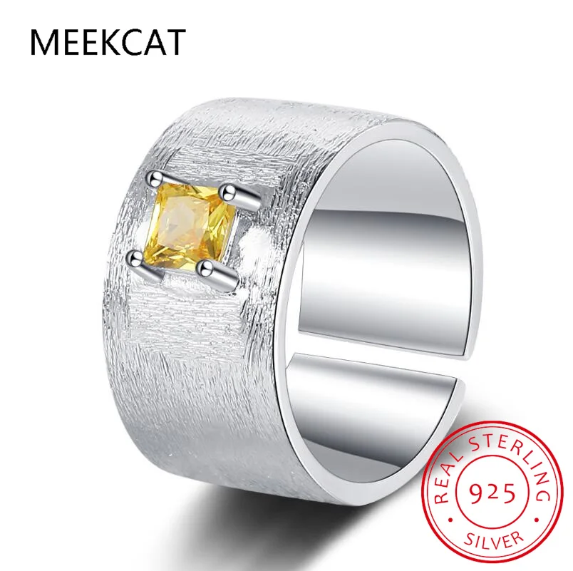 

Square Natural Yellow Citrine 925 Sterling Silver Frosted Wide Opening Ring for Woman Princess Cut Gemstone Jewelry Party Gift