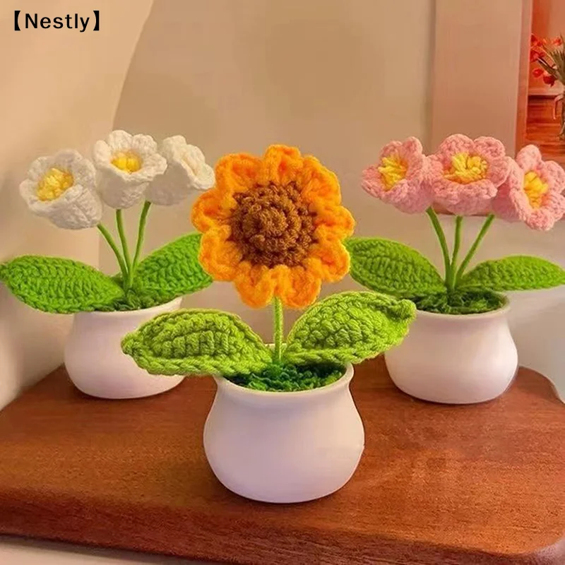 Crochet Flowers Artificial Sunflowers Potted Hand Woven Plant Wedding Gift For Guests Sunflower Decoration Room Decor〔Nest〕