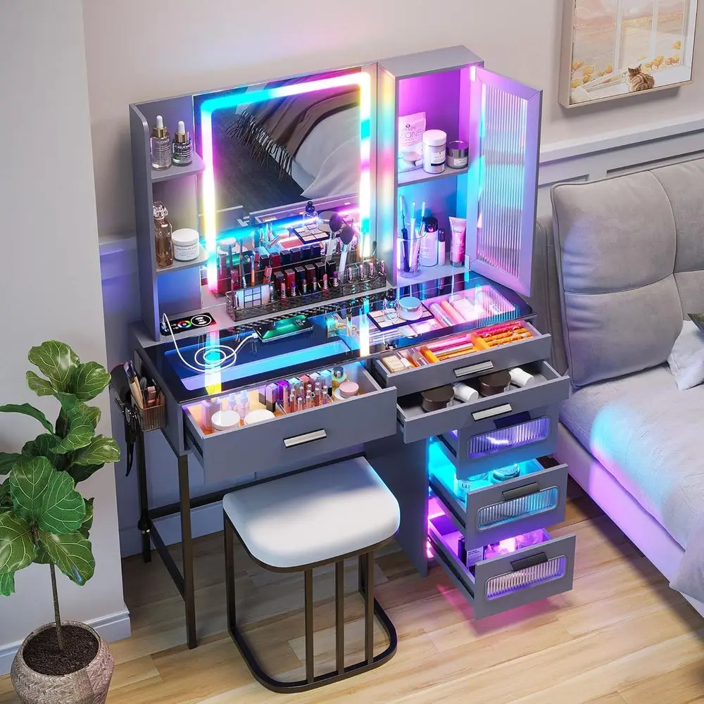 

LED Lighted Makeup Vanity Table with Wireless Charging, 6 Drawers, Glass Top, Chair, and Storage Organizer in Grey