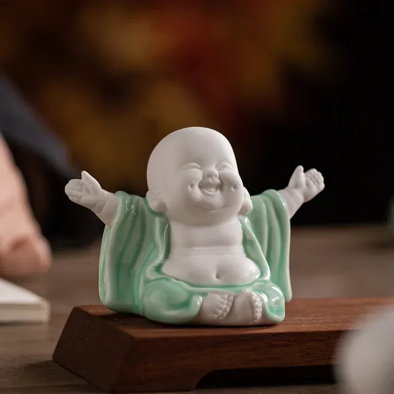 DSA  Ceramic Lucky Happy Maitreya Buddha Small Ornament Office Tabletop  Frame Laughing Buddha Decoration Tea Table Arrangement