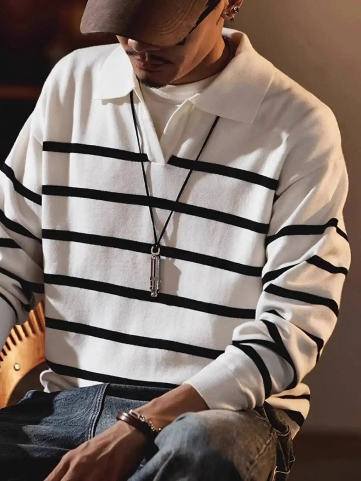 Men's Striped Sweater Retro Classic Striped Long Sleeve Sweater Autumn Winter New Fashion Knitwear Basic