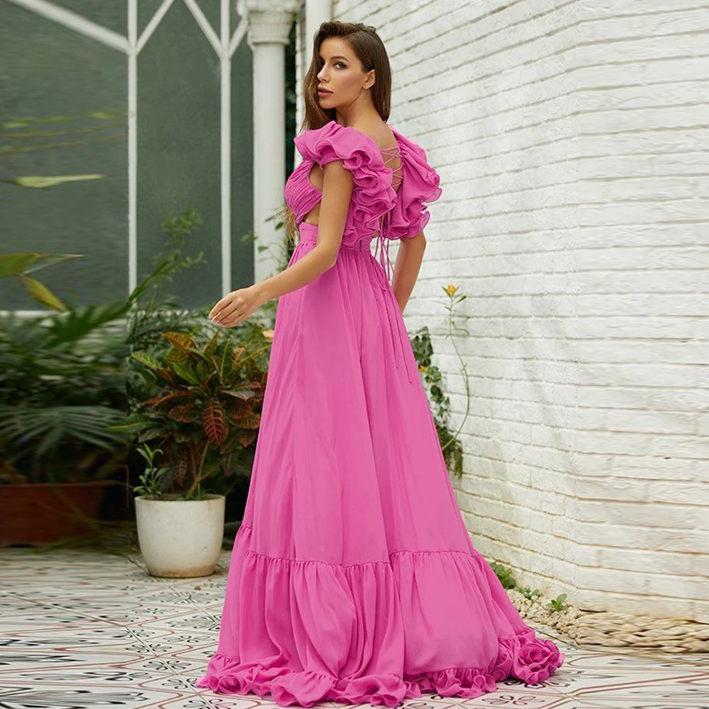 Customized 2022 New Evening Dresses V-neck Sleeveless Cut Out Long Party Dress Simple Backless Pleat Ruffles Chiffon Prom Gown V