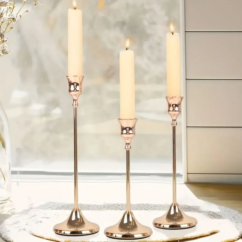 

3Pcs Exquisite Metal Metal Candlestick European Style High Footed Romantic Candle Stand Easy Installation Gold Plated